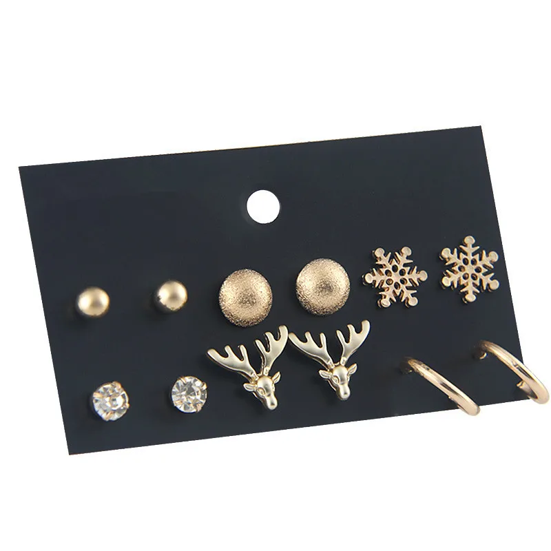 

6 pairs/set Snowflake Stud Earrings for Women Christmas Zircon Wedding Reindeer Charm Tiny Simple Sweet Girl's Fashion Earrings