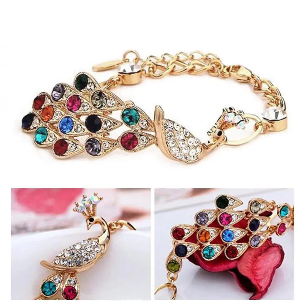 

Colorful Peacock Rhinestone Women Unique Bracelet Ladies Wedding Beautiful Charm Bracelet