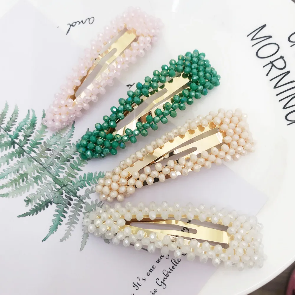 

2019 Lady Triangle Rectangular Hair Clip Accessories Pin Solid Color Green Beige Pink Crystal Beads White Hair Clip
