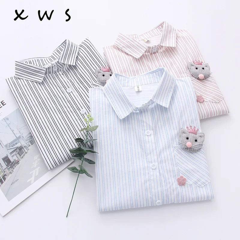 mouse spliced Long Sleeve Women Blouses And Shirts pink Blue Female Ladies Casual Shirt Tops Size striped Blusas Blouse top