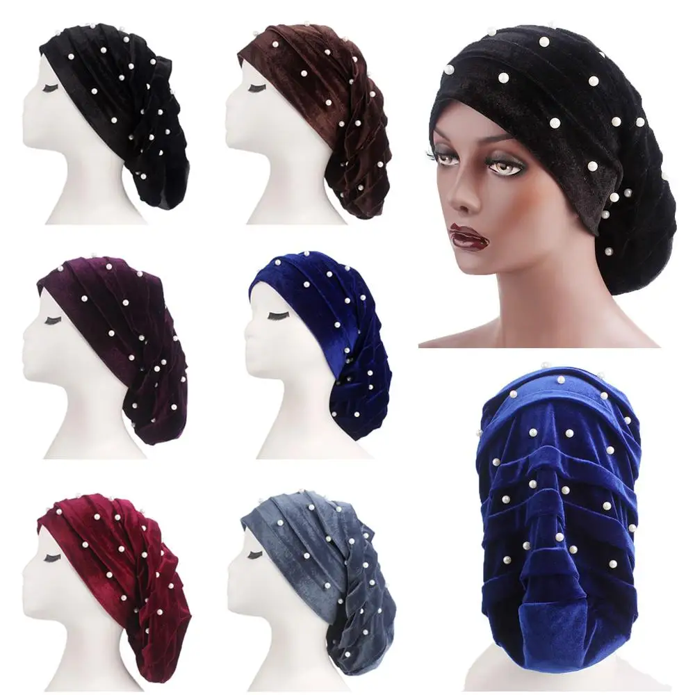 Женская бархатная мусульманский тюрбан Кепка chemo мешковатая шляпа бандана волос женская бандана жемчуг колпачки исламские капот Арабская шапка куполообразная Мода
