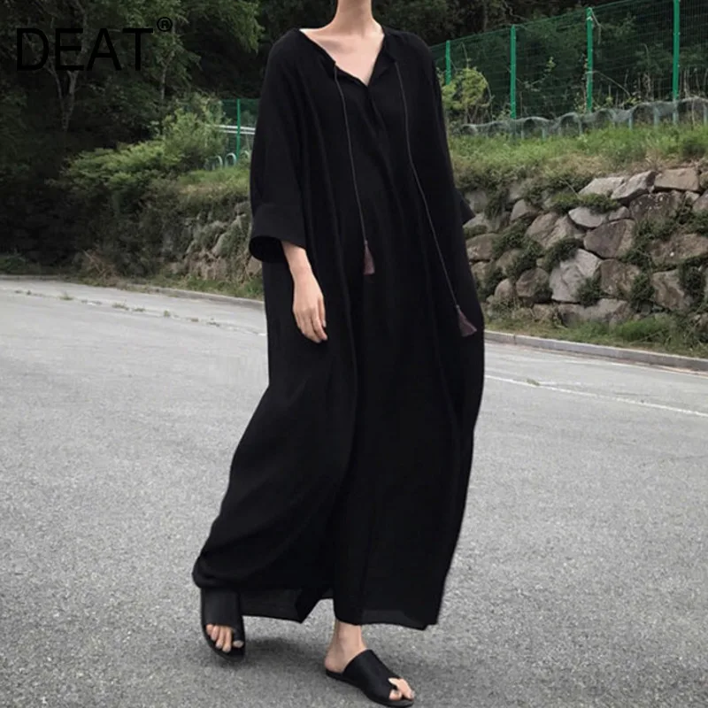 

DEAT 2019 New Spring And Summer Black Korean V-neck Loose Wide Dress Female Three Quarter Sleeves Plus Dresses KB13801