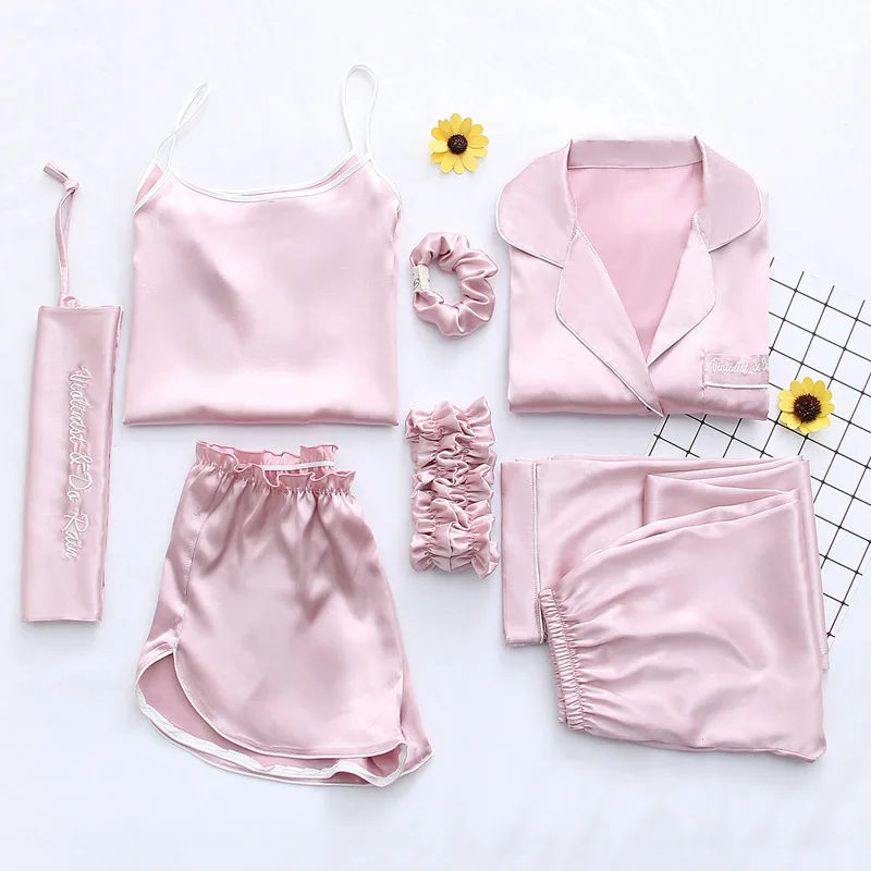 

7 Pieces Pyjamas Set Sexy Female Sleep Lounge Pijama Nightsuit Sleepwear Pajamas Satin Silk 2019 Summer Women