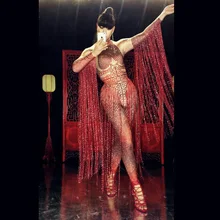 new Glisten Crystals Red Jumpsuit Sexy Long Tassel Women Outfit Nightclub Singer Costumes Stage Dance DS Performance costume colorful rhinestones tiger head pattern sexy bodysuit glisten crystals costumes nightclub singer dance show party outfit leotard