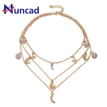 Novo Padrão Ornamentos Resto de Múltiplas Camadas Do Vintage Liga Colar de Pedra de Cristal de Zircônio Ouro Camisola Cadeia de Prata Para As Mulheres