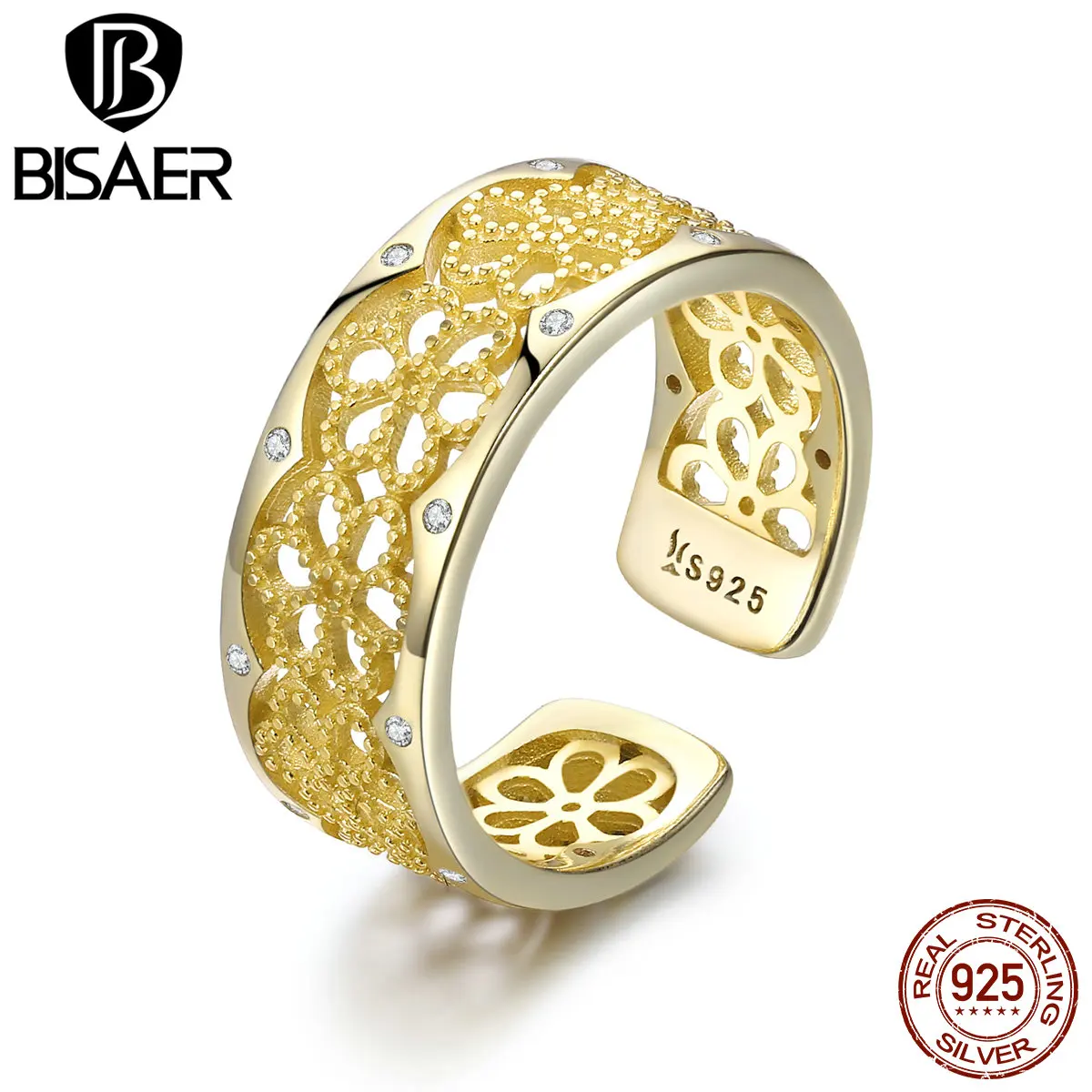 BISAER, 925 пробы, серебряное, винтажное, волнистое, геометрическое, регулируемое кольцо, золотое, кружевное, на палец, кольца для женщин, серебряное ювелирное изделие, anel ECR460
