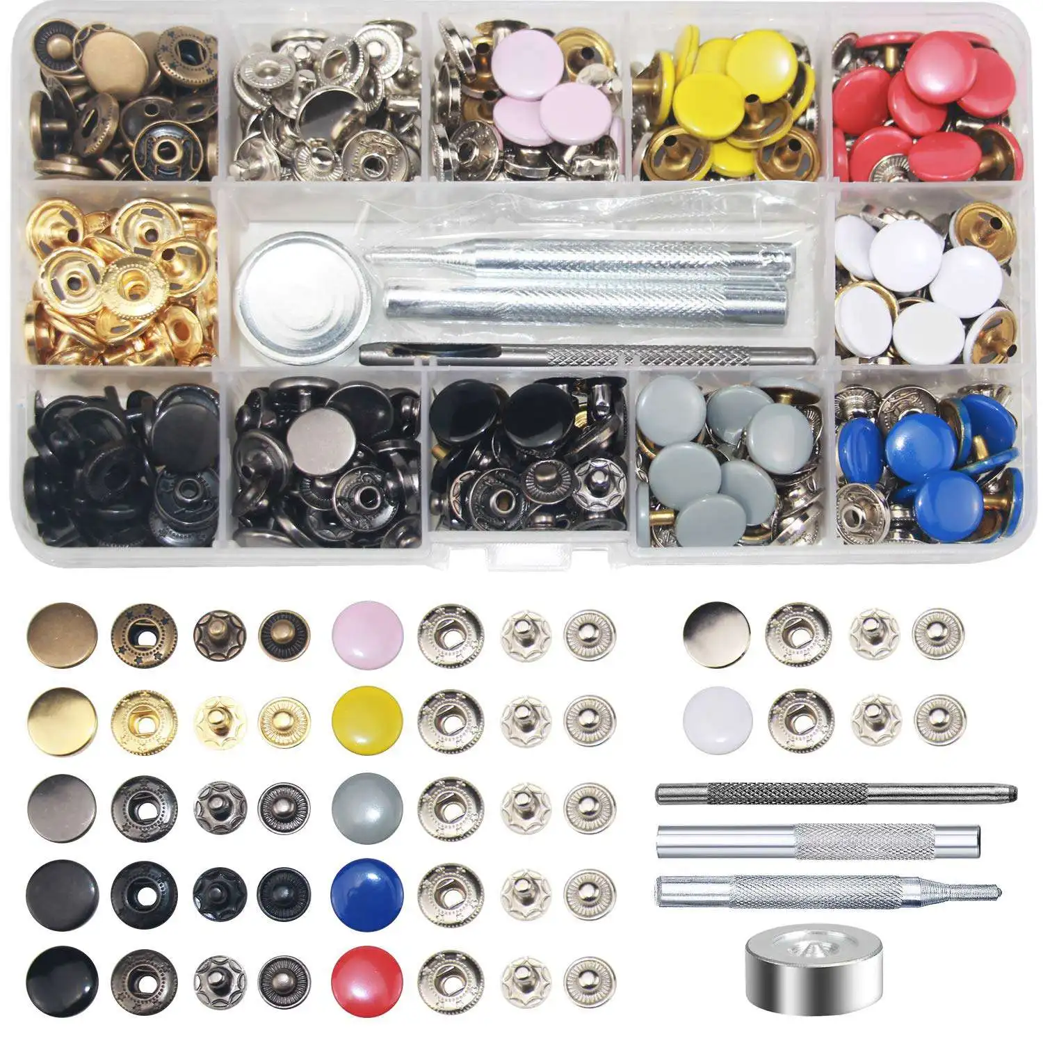 

CNIM Hot 120 Sets Metal Snap On Buttons Set Press Studs With Fixing Tools For Thin Leather Bracelet,Jacket,Jeans Repair Decora
