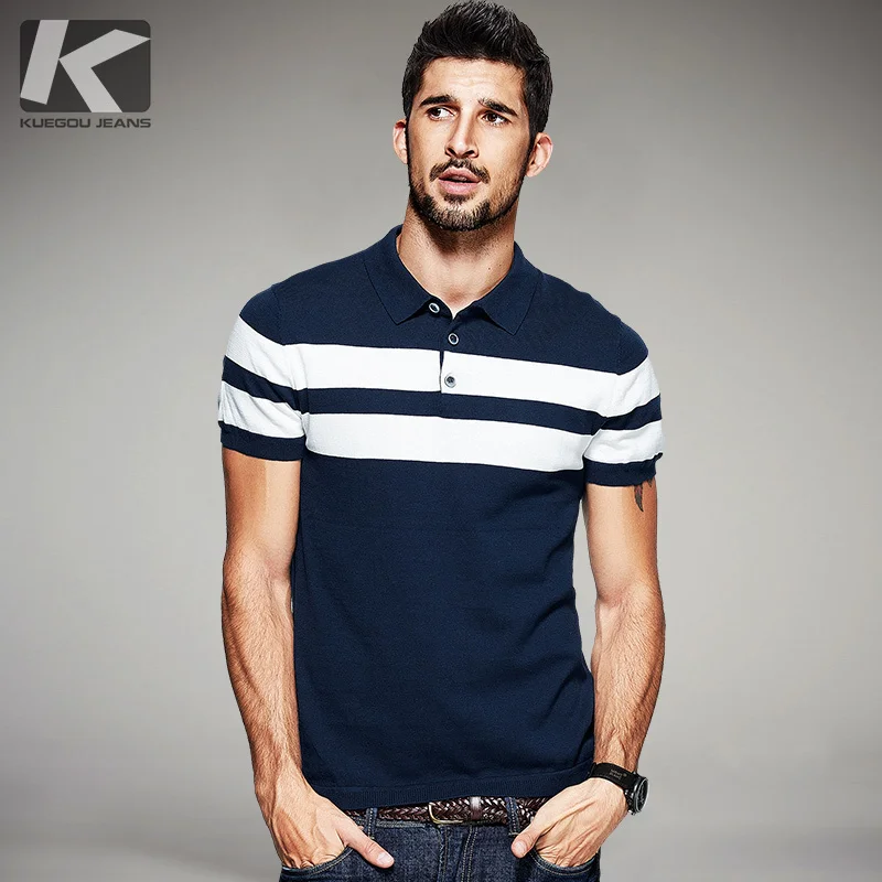 KUEGOU New Summer Mens Knitted Polo Shirts 100% Cotton