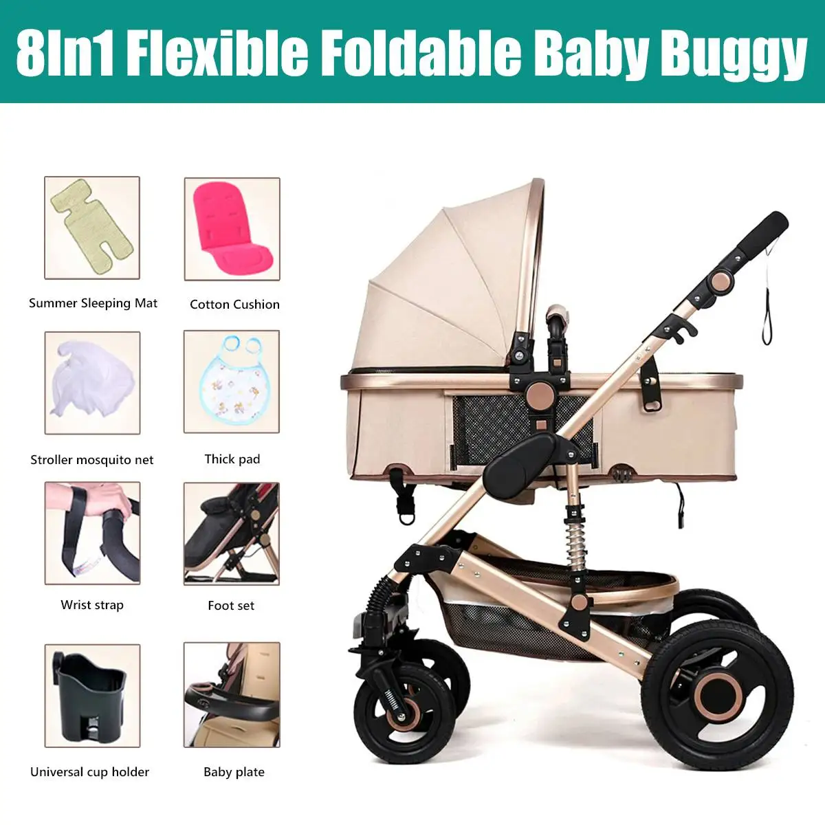 25KG Four Wheels Stroller Bassinet Baby Stroller Pram Kid Newborn Jogger Reversible Pushchair Khaki