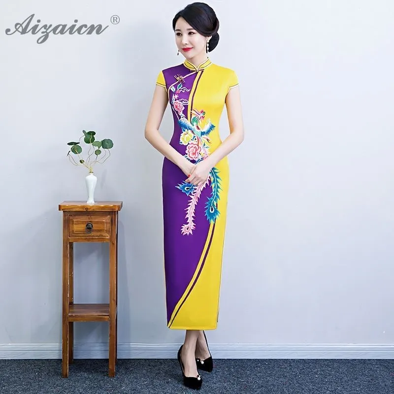 

Spring Summer New Cheongsam Women Chinese Traditional Dress Qipao Double Color Embriodery Silk Dresses Fashion Evening Dressing