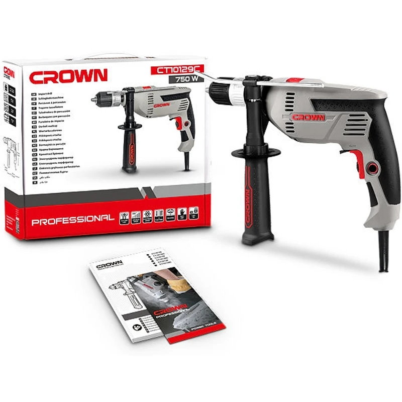 Дрель ударная CROWN CT10129C (Мощность 750 Вт быстрозажимной патрон дополнительная