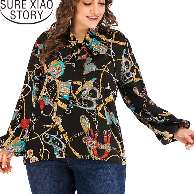 

Fashion womens tops 2019 loose plus size 3XL 4XL print chiffon shkirt long sleeve women shirts shirts bow full 2271 50