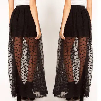 

Women Sexy High Waist Sheer Gauze Mesh Tulle Lace Dots Gothic Split Long Maxi Skirt Black Elegant Skirt