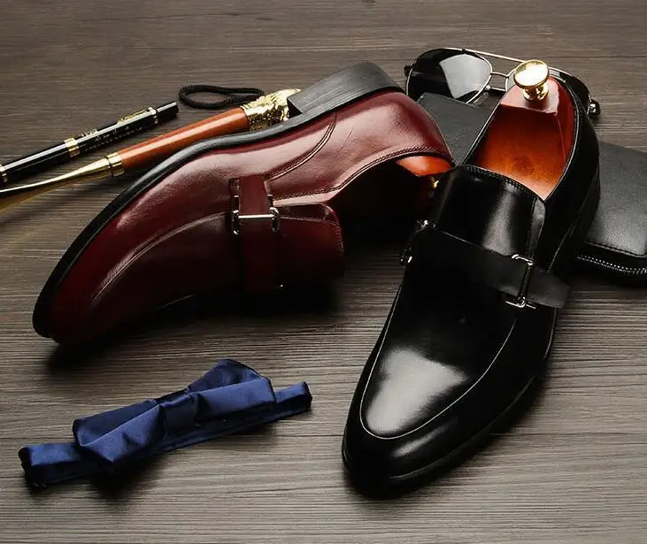 

Black Red Men's Moccasins Slip On Genuine Leather Loafers Casual Shoes Buckle dress shoes formal business work male Oxfords