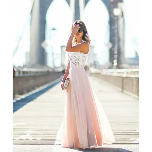 

2019 Women's Casual Lace Loose Long Solid Dress Off the Shoulder Formal Prom Party Wedding Bridesmaid Sleeveless