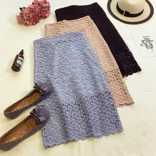 Женская модная кружевная юбка, однотонная, открытая, до середины икры, с завышенной талией, весна, простая