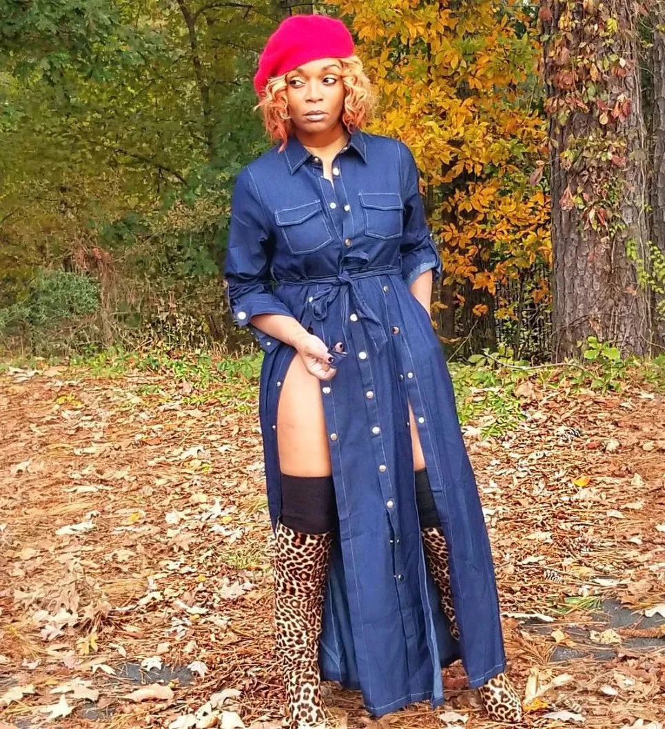 2019 Women Button Denim Dress Sexy Ladies Belt Jeans Long Shirt Dress Long Sleeve High Split Jeans Dress