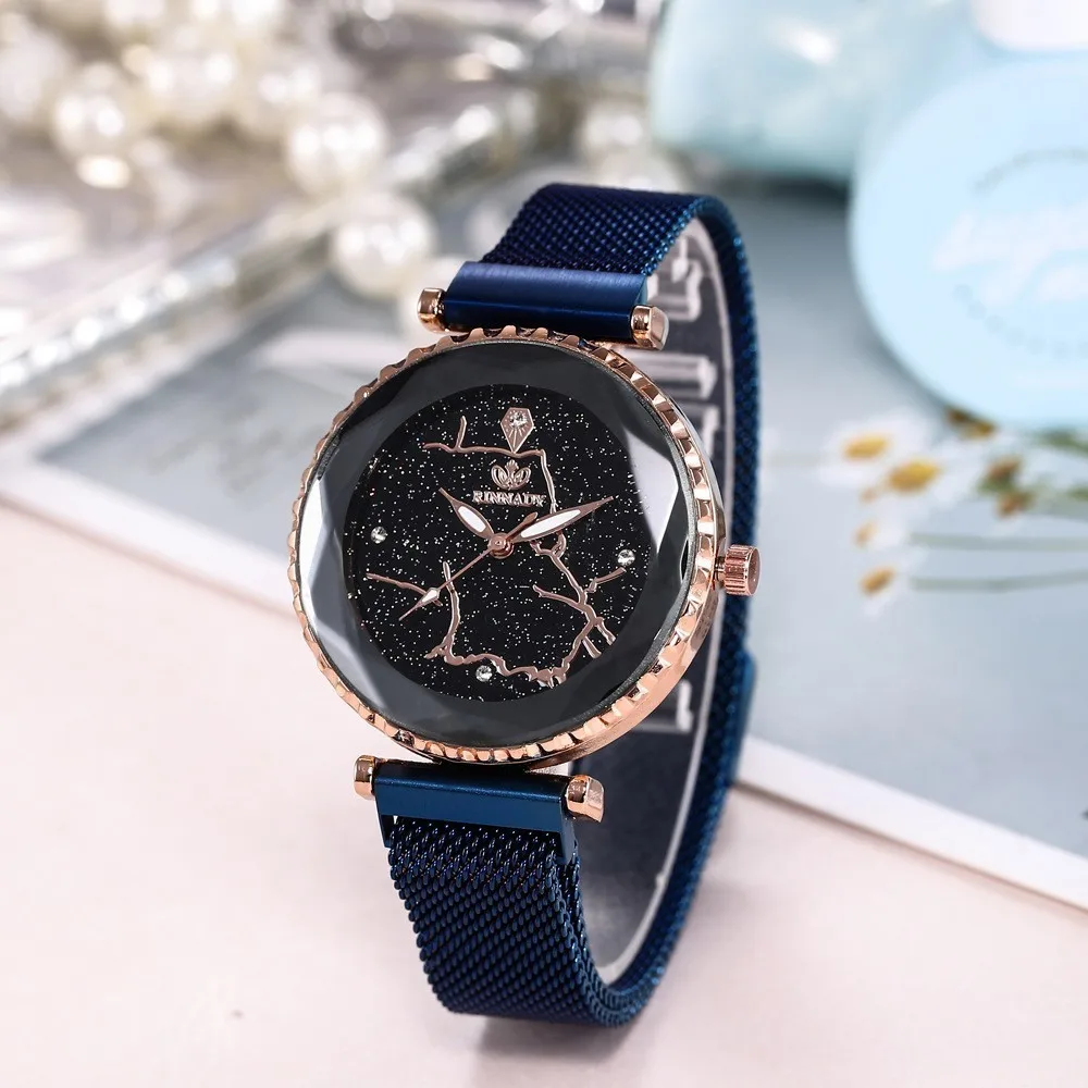 

Creative Women Watch Luxury Mesh Ladies Clock Magnet Buckle Starry Star Diamond Geometric Surface Casual Dress Quartz Wristwatch