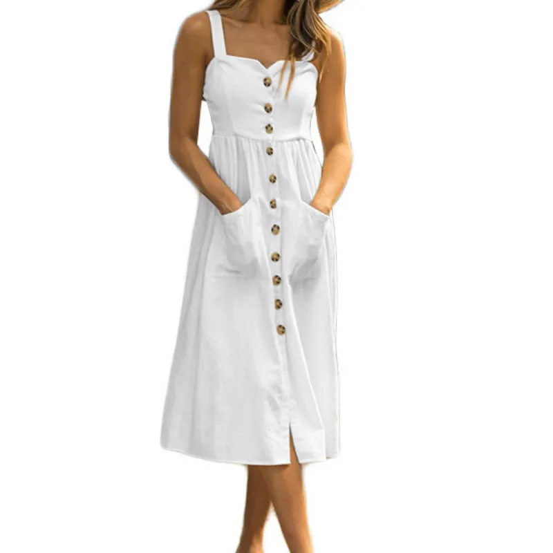 

Fashion Lady Button Pockets Front Split Off Shoulder Dresses Women Summer Strap Beach Club Dress Party White Black Outwear