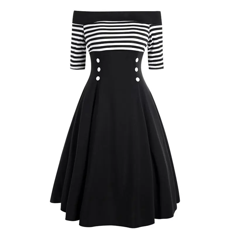 

Off Shoulder Vintage Dress Women A Line Gothic Stripe Sexy Black Patchwork Girl Summer Backless Party School Casual Dresses 2019