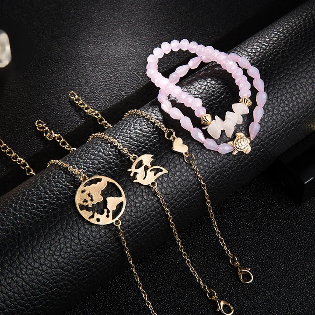 

5Pcs/set Women Love Heart Word Map Bracelets Charm Pink Crystal Fox Turtle Bracelets&Bangles Set for Moman Bohemia Chain Jewelry