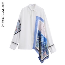 SHENGPALAE/белые женские рубашки, осень, асимметричная Свободная рубашка с принтом, дизайн, высокая уличная женская блузка, Mujer De Moda FN156