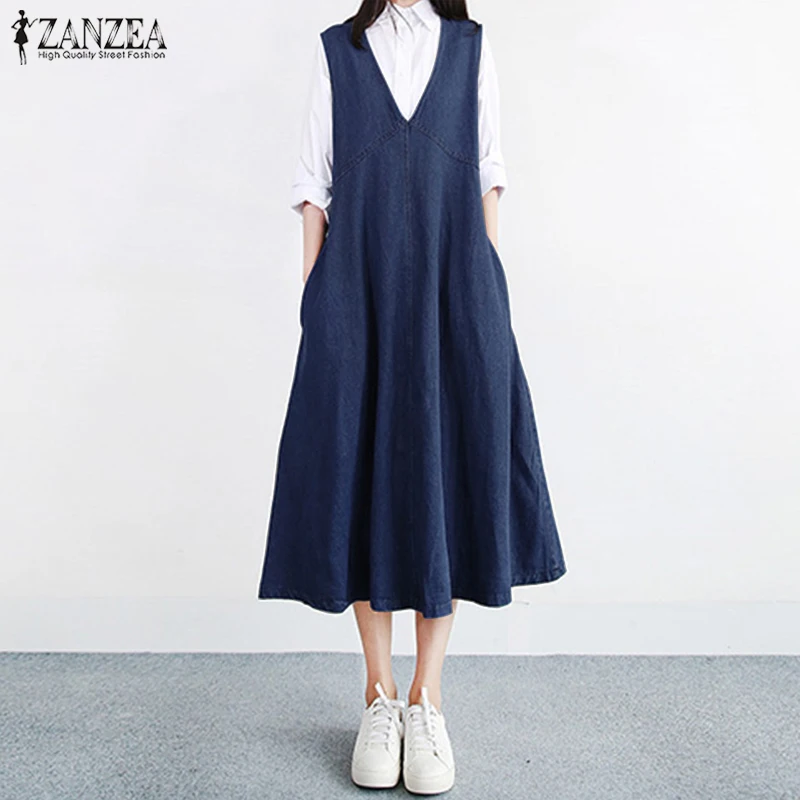 Women's Denim Sundress 2019 ZANZEA Female V Neck Summer Jeans Dress Ladies Sleeveless Tank Vestidos Casual Robe Femme Oversized