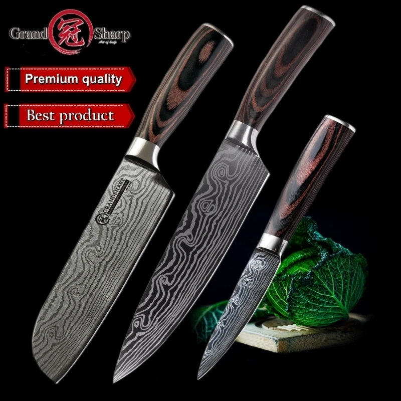 

Grandsharp Chef Kitchen Knives Damascus Pattern German Stainless Steel Paring Santoku Nakiri Cleaver Cooking Professional Tools