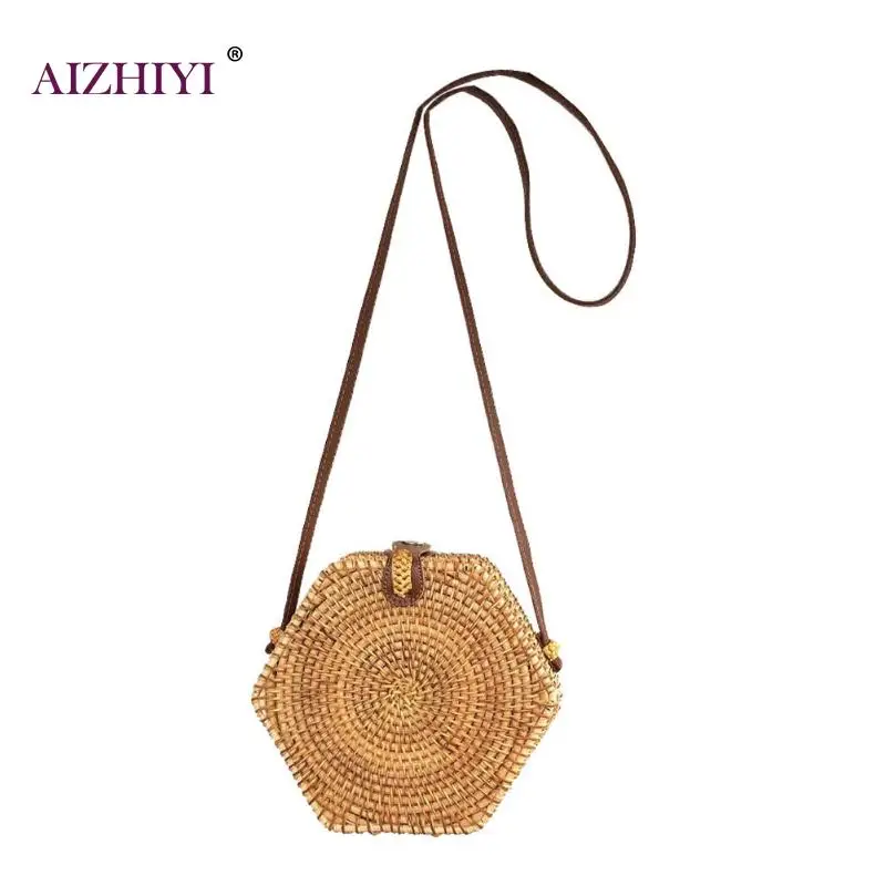 

2019 Fashion Ladies Retro Handmade Hexagon Rattan Straw Crossbody Bags Women Summer Beach Messenger Shoulder Bag