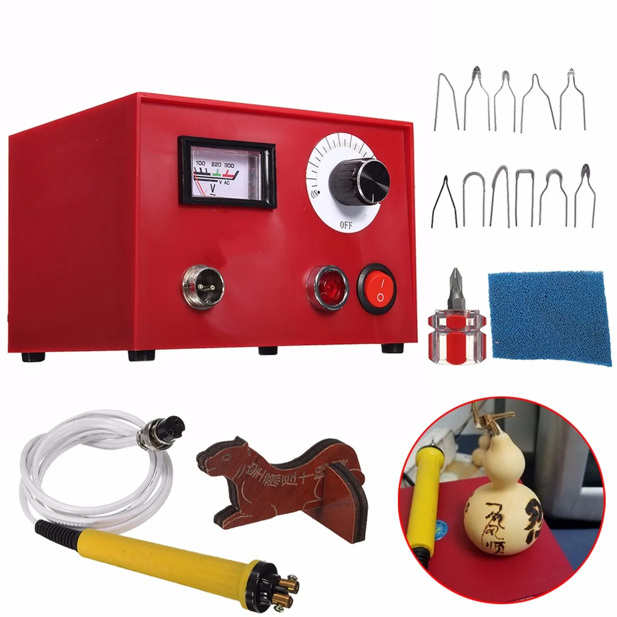 

AC 220V 50W Multifunction DIY Craft Pyrography Machine with 1Pc Pyrography Pen Copper Heating Solder Tip Gourd Wooden Tool Set