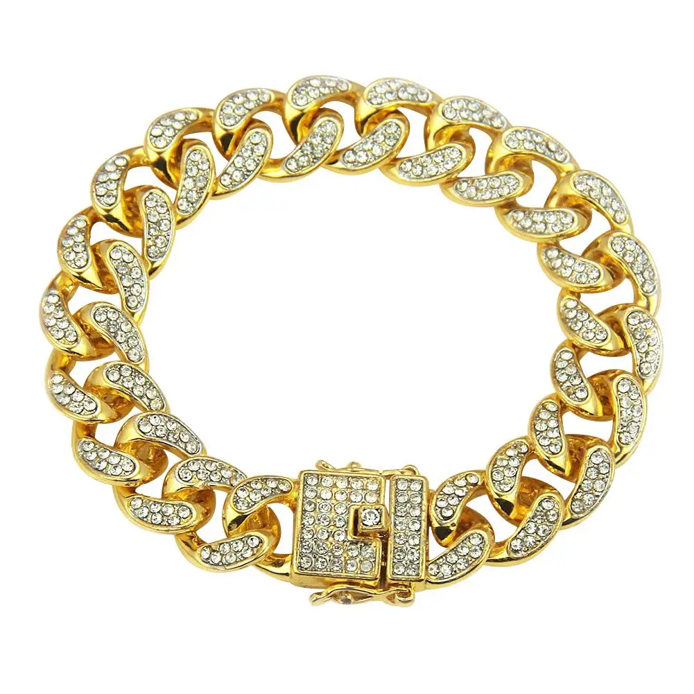 

Hip Hop Style Men's Bracelet 18k Golden Plated Two-color Rhinestone Buckle Cuban Style Large Chain Alloy Wristband