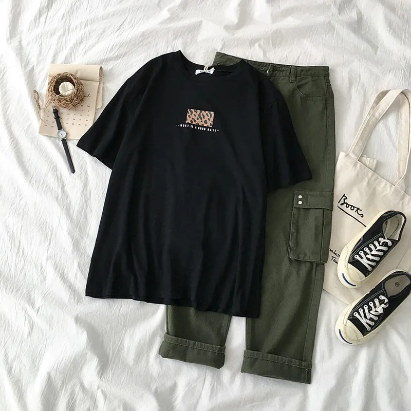 

Boyfriend Safari Style Pant Set Women Summer Fashion Leopard Print Black T-shirt + Army Green Long Pant Two Piece Set Summer Set