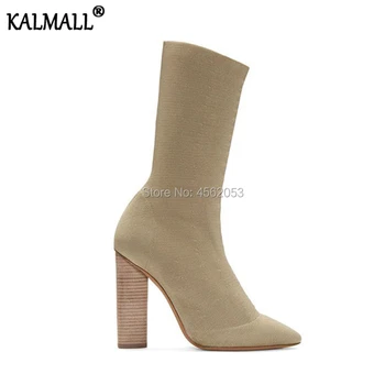 

KALMALL Army Green Black Beige Kim Kardashian Fashion Shoes Women Block High Heels Stretchy Sock Botas Slip On Knit Ankle Boots