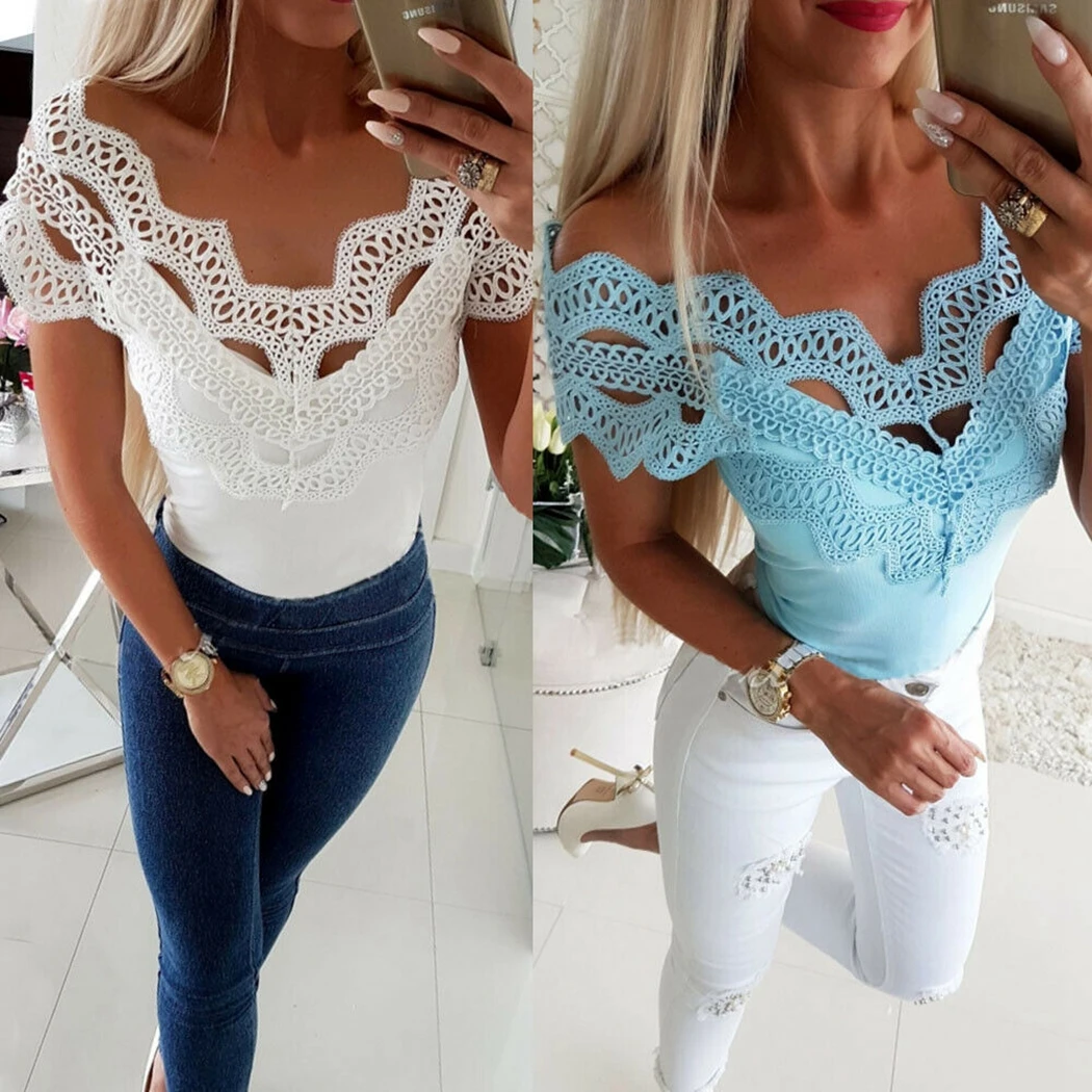 

Sexy Off Shoulder Lace T Shirt Women Summer Tops Hollow Out Slash Neck T-Shirt Casual Slim Fit Tshirt White Blue Tee Shirt Femme