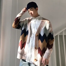 Осень и зима ретро v-образный вырез алмаз полосатый свитер кардиган хаки/белый M-XL Повседневная рубашка куртка