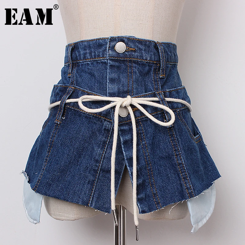 

[EAM] 2019 New Spring Summer Blue Denim Bandage Split Joint Cut Style Personality Wide Belt Women Fashion Tide All-match JR897