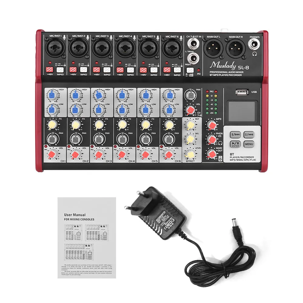 Muslady SL-8 8-канальный смешивания консольный микшер 2-полосным эквалайзером встроенный 48V Phantom Мощность поддерживает подключения BT USB MP3 для DJ караоке