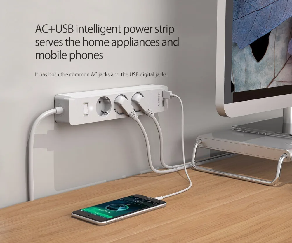 ORICO USB Power Strip Socket with 2 USB 2.4A Fast Charging Standard Extension Socket Plug Power Strip Home Electronics Adapter