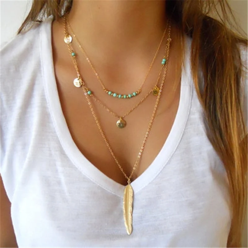 

2019 New Hot Fashion Round Sequins Feather Leaves Long Multilayer Necklace Bohemian Beaded Chokers Necklaces For Women Jewelry