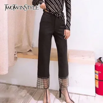 

GALCAUR Casual Patchwork Plaid Wool Pants High Waist Pocket Wide Leg Trousers Women 2018 Female Clothes Autumn Fashion