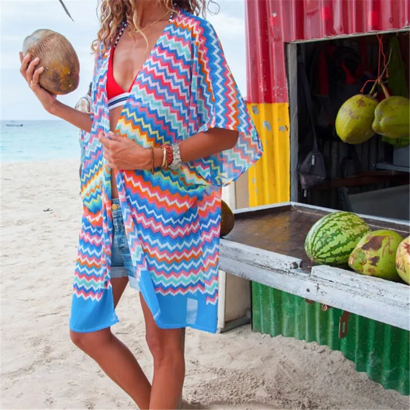 

Sexy Women Chiffon Beach Dress Bathing Open Cardigan Bikini Cover Up Leaves Printed Beachwear Dress Shawl Wrap Pareo Cover-Ups