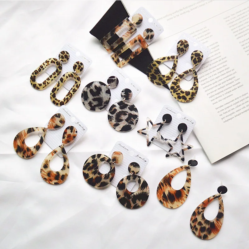 

Fashion Tortoise Color Leopard Print Acrylic Acetic Acid Sheet Geometric Circle Square Star Long Drop Earrings for Women