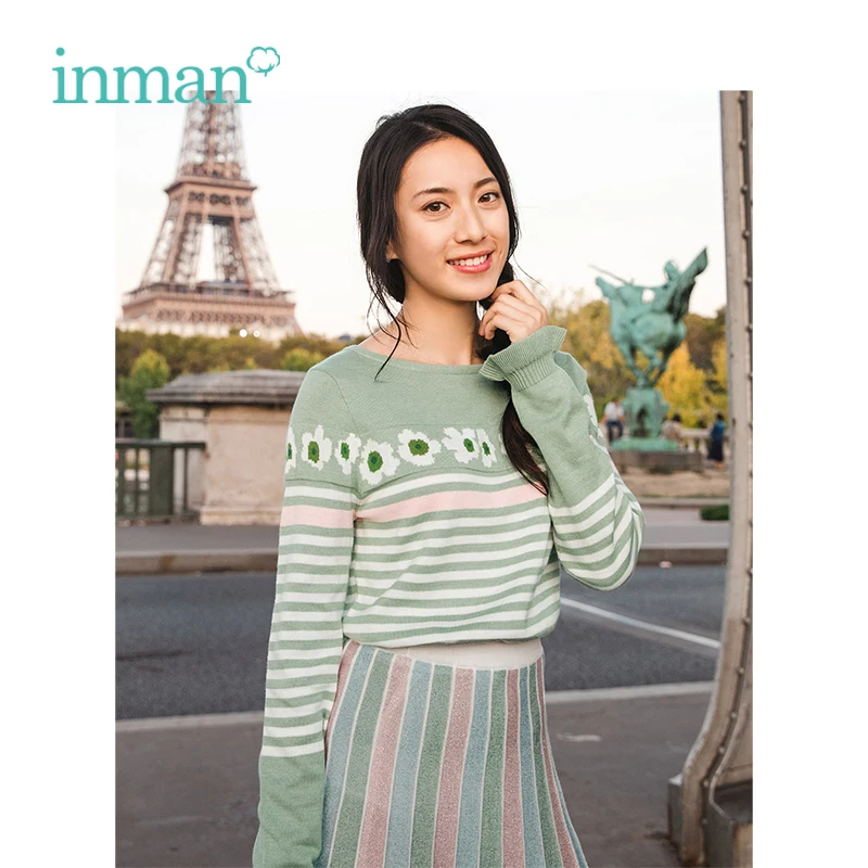 

INMAN 2019 Spring New Arrival O-neck Literary Striped Casual All Matched Slim Long Sleeve Women Pullover