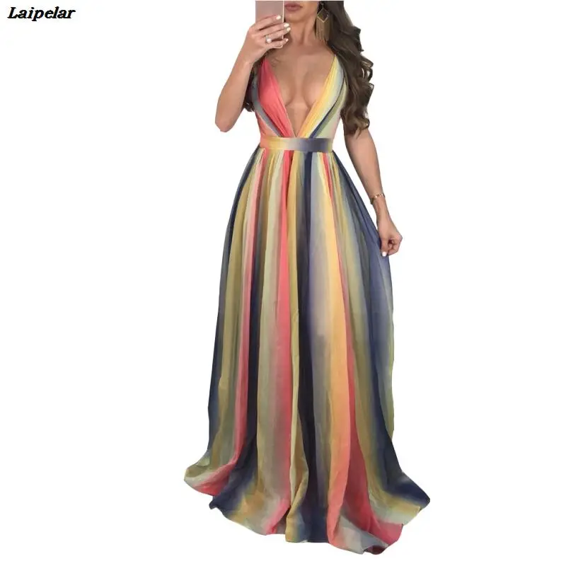 

Sexy V Neck Backless Maxi Dress Women Gradual Rainbow Color Loose Long Dress Spaghetti Strap Summer Beach Holiday Lady Vestidos