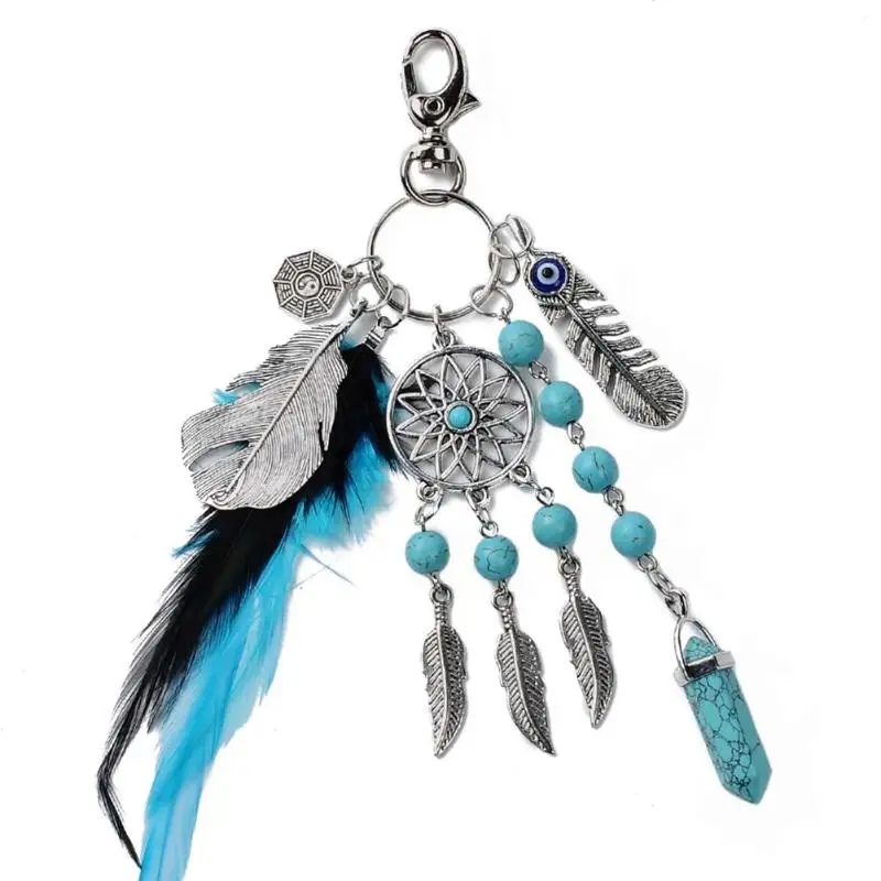 

Popular Women Natural Turquoise Dreamcatcher Keychain Fashion Silver Boho jewelry Feather Leaf Car Key Rings
