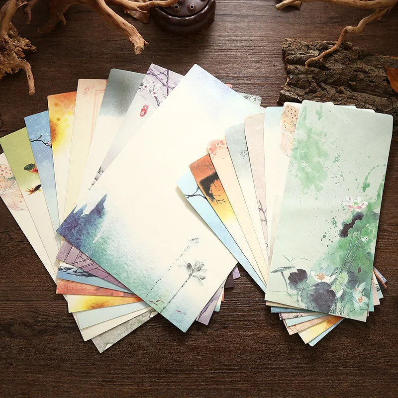 

Lot Vintage Lotus Mini Envelope Postcards Chinese Style Greeting Card Letter Writing Paper Padded School Stationery Gift Postal