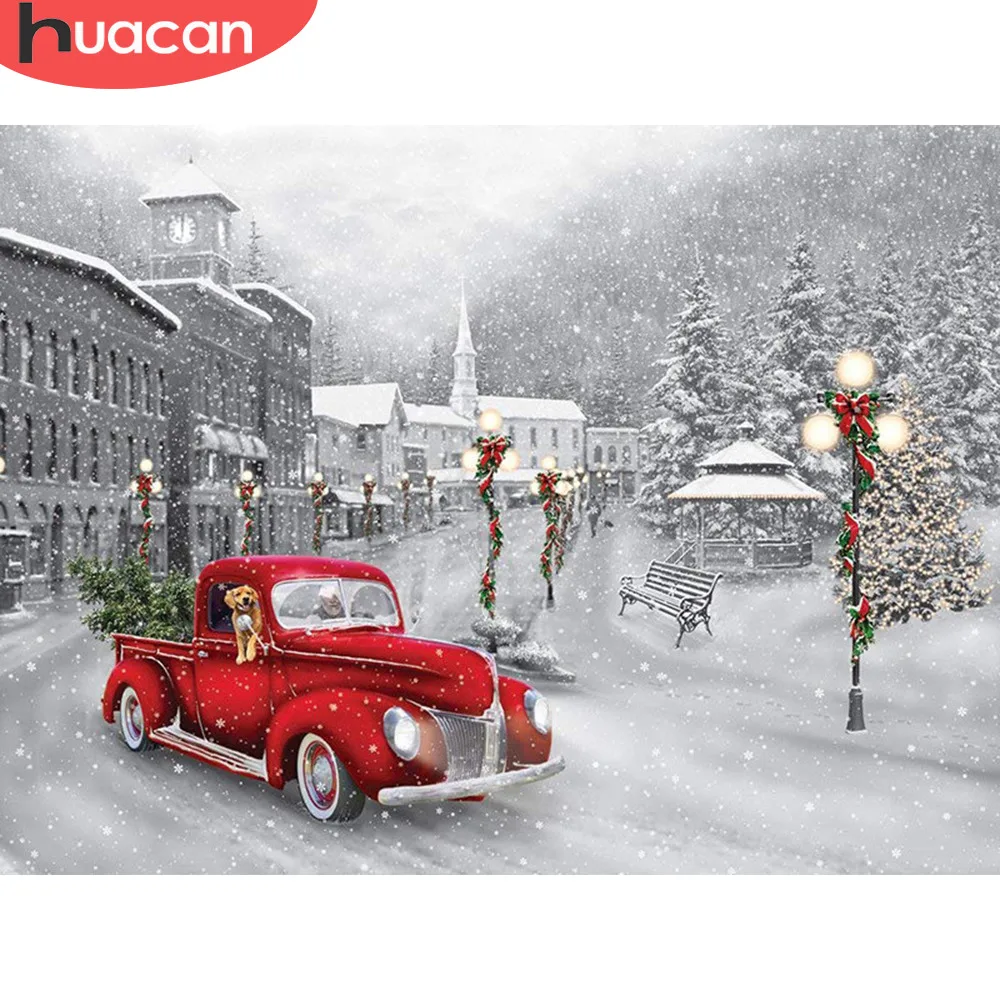 

HUACAN Cross Stitch Landscape Red Car 5D Full Square Diamond Embroidery Diamond Painting Full Display Rhinestones Decor Home