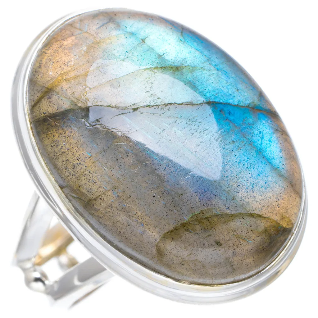 Натуральный голубой огненный Лабрадорит ручной работы, уникальные кольцо из стерлингового серебра 925 8 A1110
