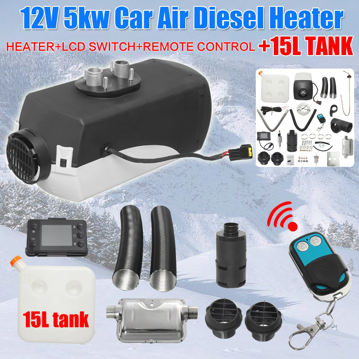 

KROAK 5000W Car Heater 12V 5KW Diesels Heater Air Parking Heater + 15L Tank +T-Piece Remote LCD Switch for Caravan Motorhome