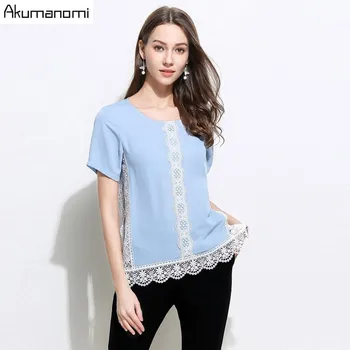 

Chiffon Blouses Woman 2019 Summer Solid Lace Fashion Sexy O Neck Short Sleeve Shirt Women Shirts Harajuku plus size Tops Women